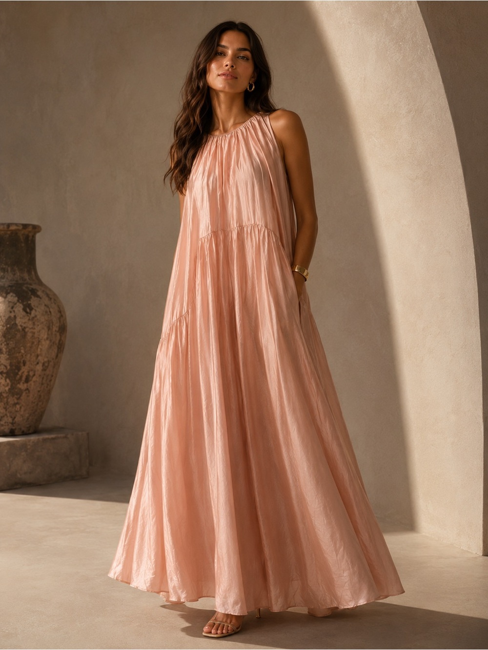 NWT Heyson Blush Pink Shimmer Tiered  Boho Luxe Sleeveless Maxi Dress Large